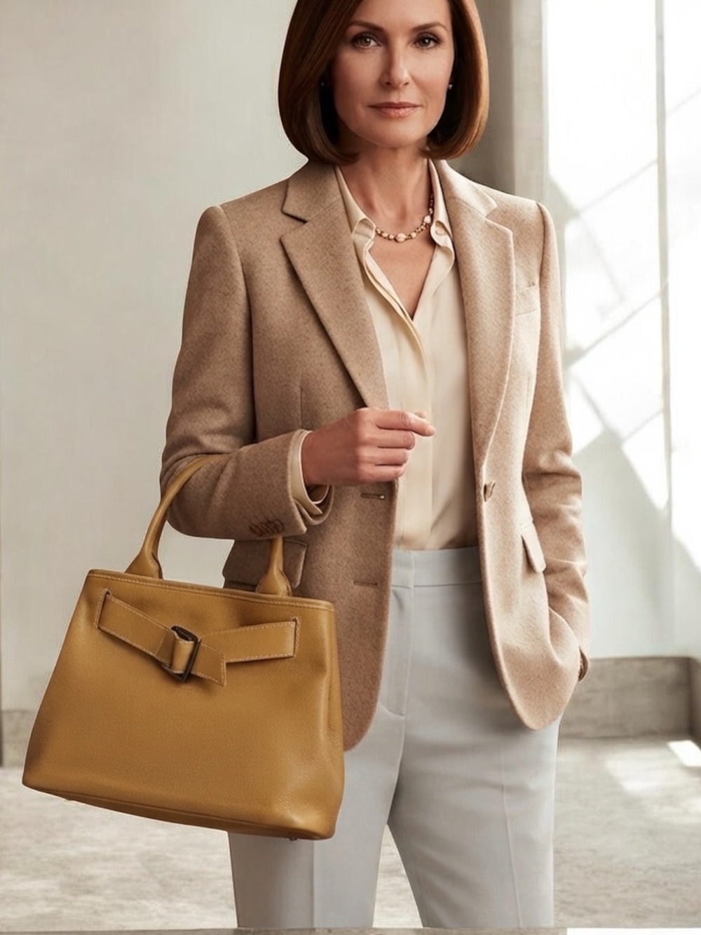 LONGCHAMP Belt Leather Hand Tote Bag Women Yellow /tan Genuine